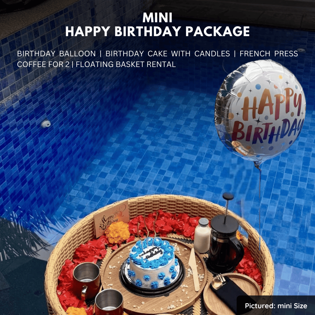 Bali birthday celebration with custom pool lettering, balloons, floating cake, roses, and private villa decorations.