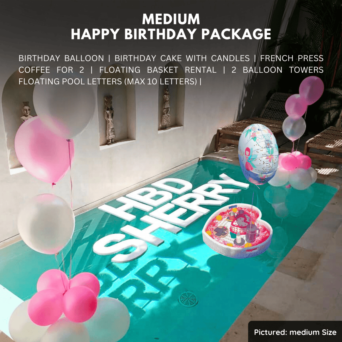 Luxury birthday surprise in Bali featuring pool decorations, number balloons, birthday cake, flowers, and villa setup.
