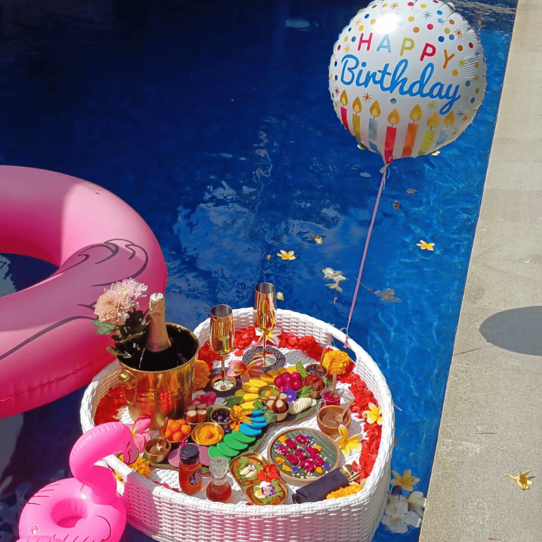 🥂 Birthday Themed Floating Breakfast – Poolside Surprise Tray - Bali Floating Kitchen - f&b