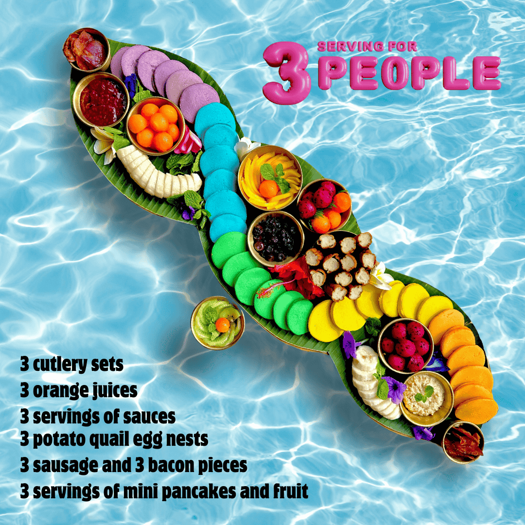 🌈🥞 Vegetarian Instagram Breakfast – Rainbow Pancakes with Meat - Free Sides - Bali Floating Kitchen - f&b